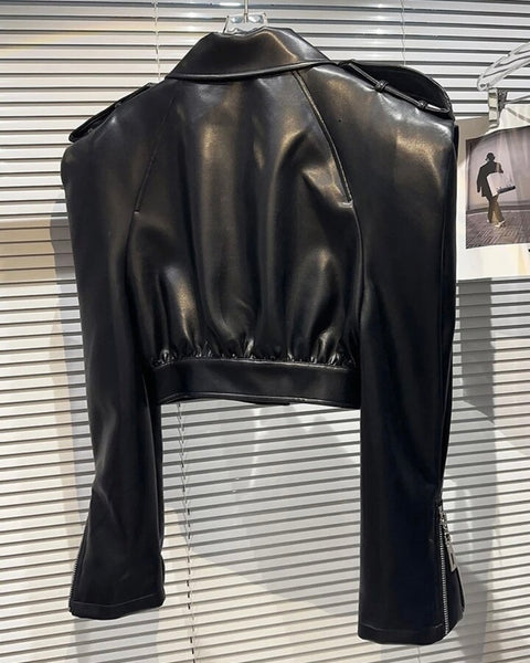 Women Black Pocket Button Up Faux Leather Jacket