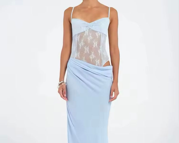 Women Sexy Sleeveless Lace Mesh Patchwork Maxi Dress