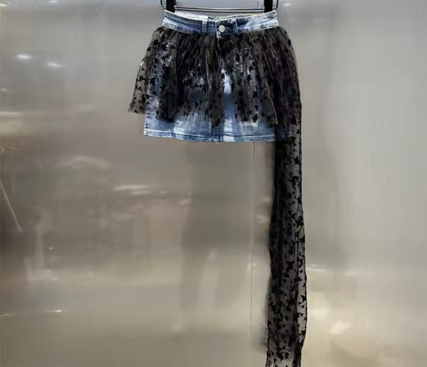 Women Sexy Fashion Denim Star Mesh Skirt