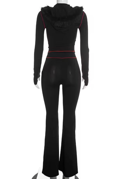 Women Fur Hooded Zip Up Two Piece Tracksuit Pant Set