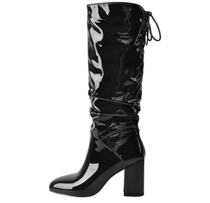 Women Fashion Black Patent Leather/Suede Tie Up Knee High Boots