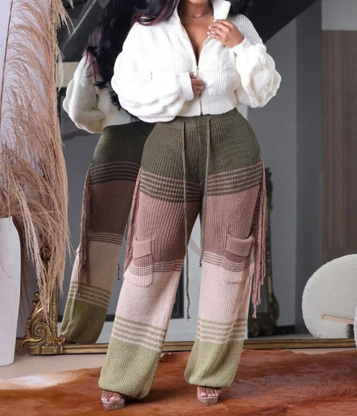Women Knitted Color Patchwork Fringe Pants