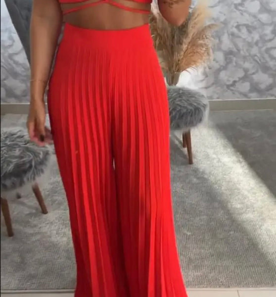 Women Red Sexy Sleeveless Two Piece Pleated Pant Set