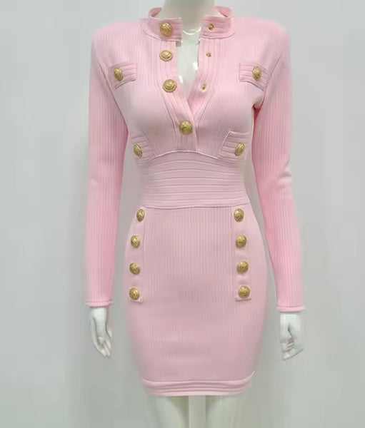 Women Pink Gold Button Full Sleeve Sexy Dress