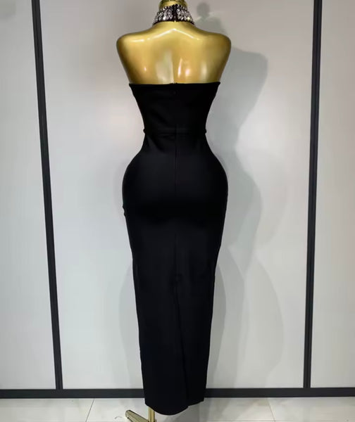Women Sexy Choker Strapless Gray Rhinestone Maxi Dress