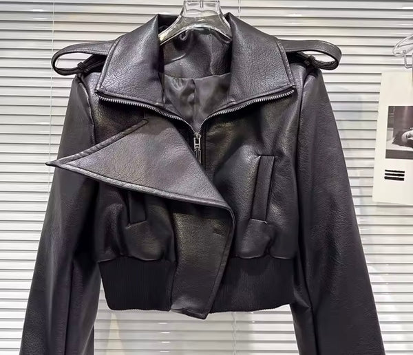 Women Black Faux Leather Fashion Jacket