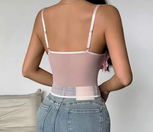 Women Pink Sleeveless Floral Mesh Tank Top
