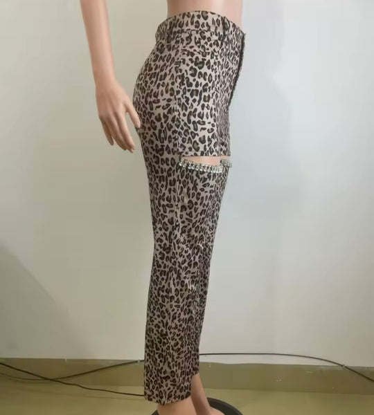 Women Fashion Leopard Cut Out Rhinestone Pants