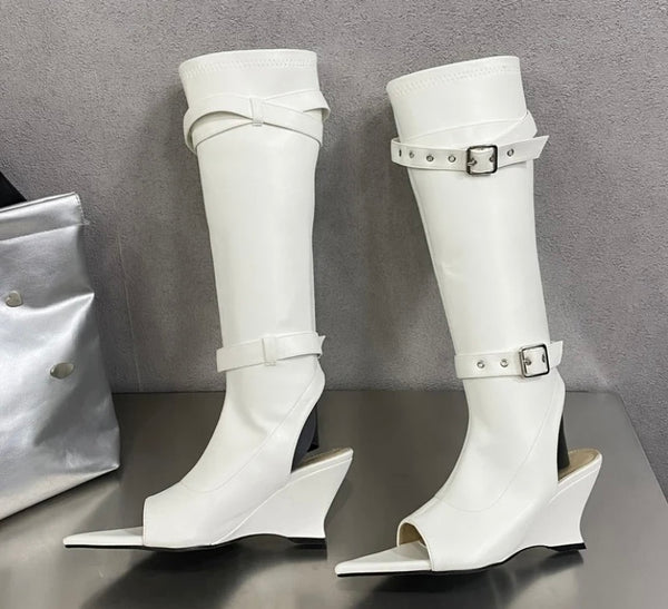 Women Fashion Pointed Open Toe Buckled Platform Wedge Knee High Boots