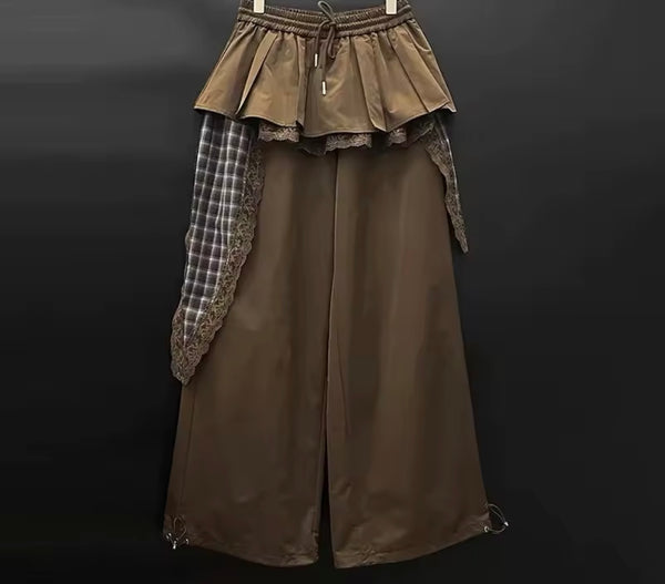 Women Fashion Ruffled Plaid Patchwork Wide Leg Pants