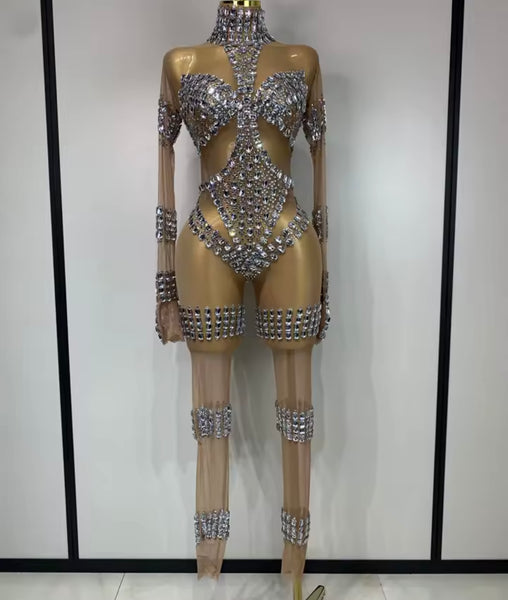 Women Sexy Fashion Rhinestone Mesh Full Sleeve Jumpsuit