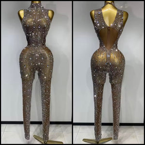Women Sleeveless Rhinestone Crystal Mesh Sexy Jumpsuit