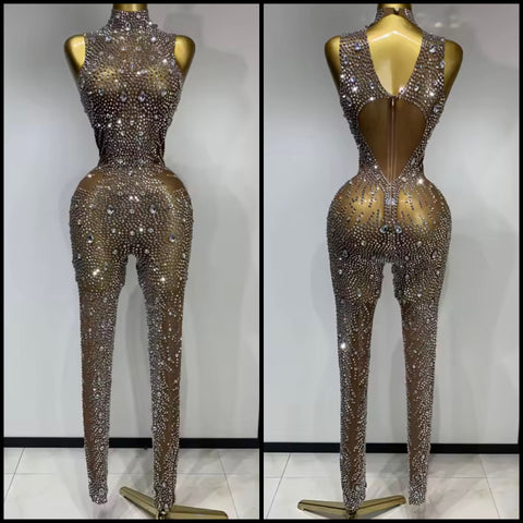 Women Sleeveless Rhinestone Crystal Mesh Sexy Jumpsuit