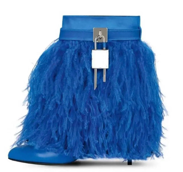 Women Fashion Faux Fur Buckled Lock High Heel Ankle Boots