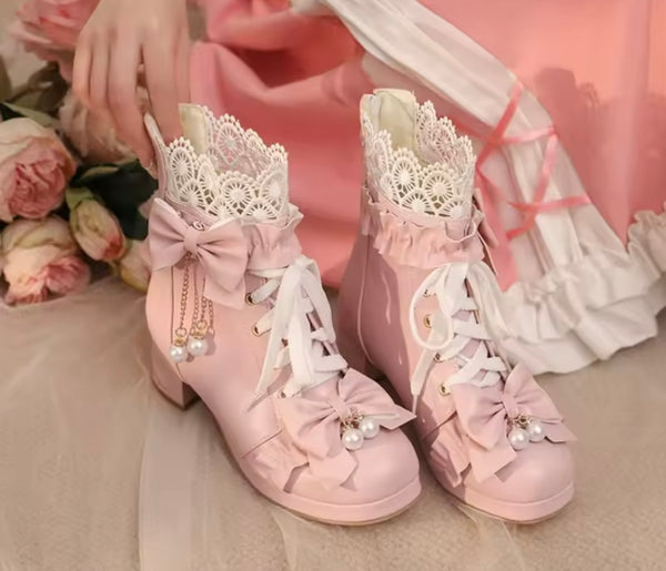 Women Fashion Lace Up Pearl Bow Ankle Boots