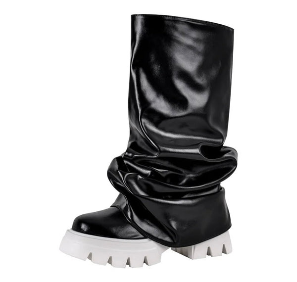 Women B&W Fashion Faux Leather Ruched Boots