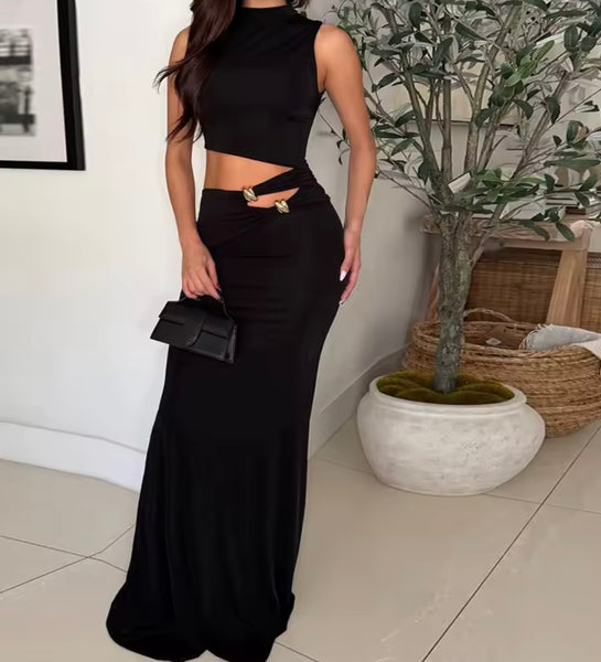 Women Sexy Sleeveless Cut Out Side Maxi Dress