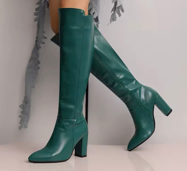 Women Color Faux Leather Fashion Knee High Zip Up Boots