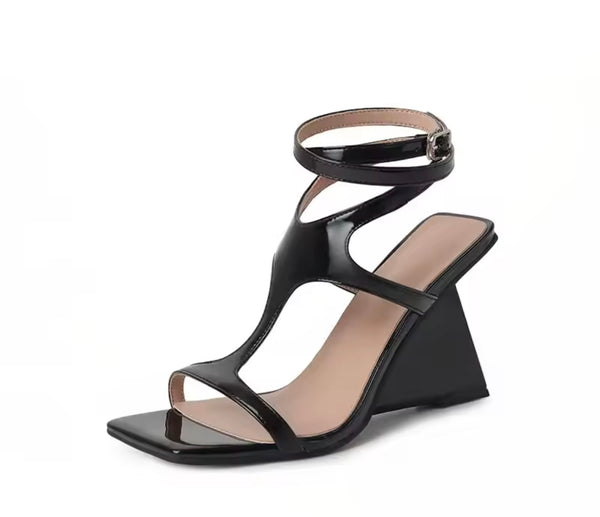 Women Fashion Patent Leather Lace Up Buckle Wedge Sandals