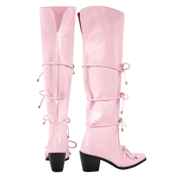 Women Fashion Faux Leather Pointed Toe Tie Up Knee High Boots