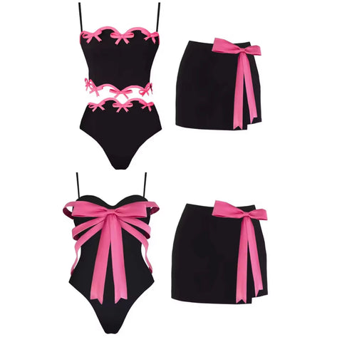 Women Sexy Color Patchwork Bow Bikini/Swimsuit Cover Up Set