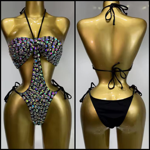 Women Sexy Black Rhinestone Halter Tie Up Swimsuit