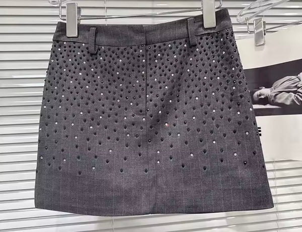Women Sexy Fashion Gray Rhinestone Patchwork Skirt