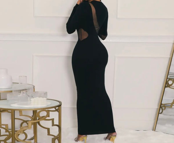 Women Sexy Mesh Patchwork Solid Color Full Sleeve Maxi Dress