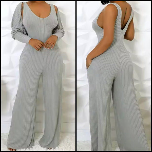 Women Gray Fashion Wide Leg Two Piece Jumpsuit Set