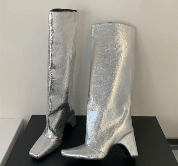 Women Fashion Square Toe Faux Leather Knee High Boots