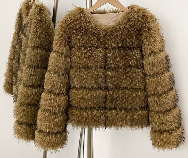 Women Fashion Brown Faux Fur Warm Jacket