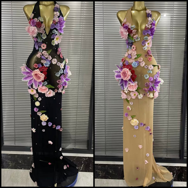 Women Sexy Halter Sleeveless Floral Mesh Maxi Dress