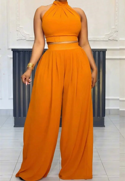 Women Solid Color Sleeveless Crop Two Piece Wide Leg Pant Set