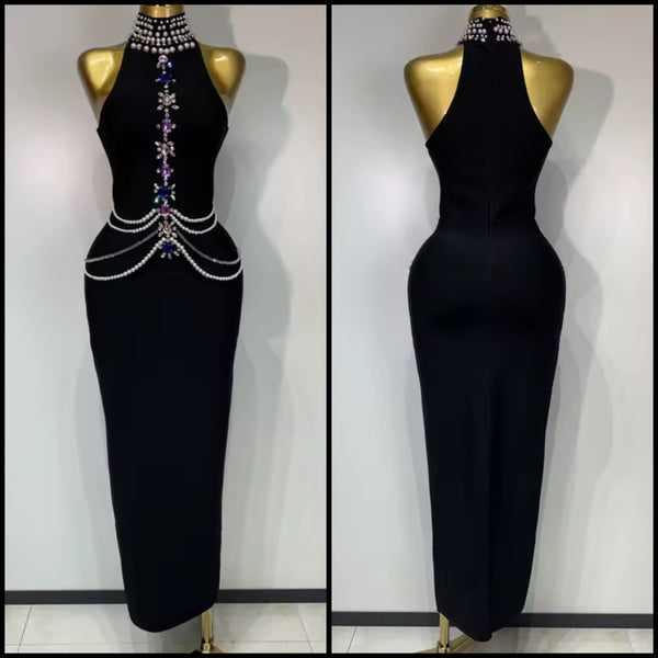 Women Sleeveless Rhinestone Pearl Black Sexy Maxi Dress