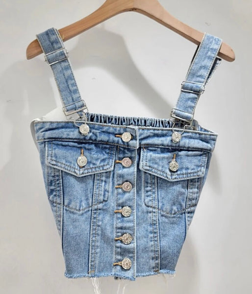 Women Color Fashion Button Up Denim Vest Top