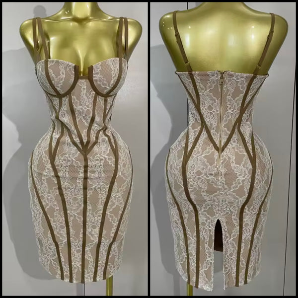 Women Sexy Sleeveless Striped Lace Dress