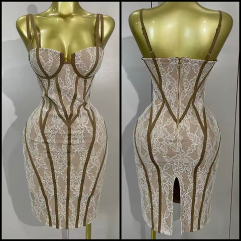 Women Sexy Sleeveless Striped Lace Dress