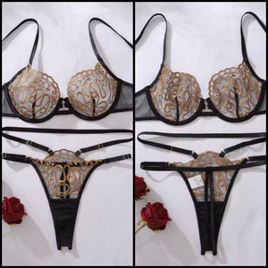 Women Sexy Black Embroidery Print Mesh Lingerie Set