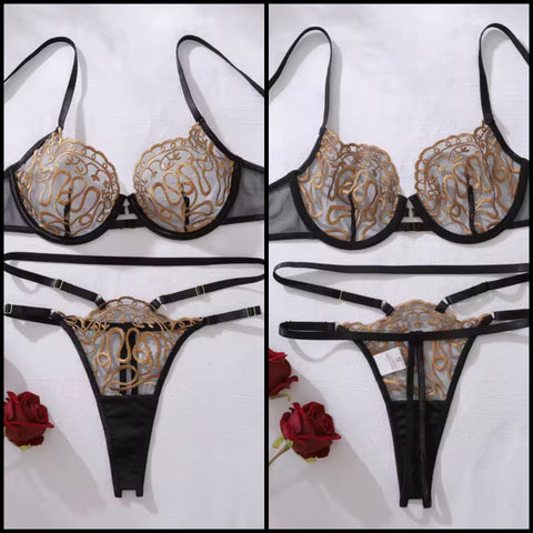 Women Sexy Black Embroidery Print Mesh Lingerie Set