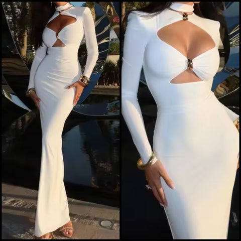 Women White Sexy Cut Out Full Sleeve Maxi Dress
