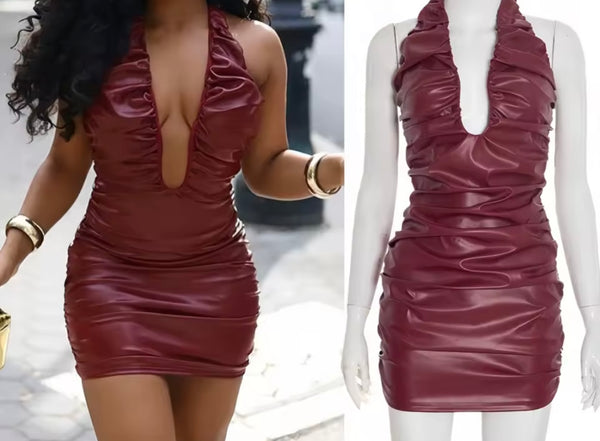 Women Sexy Fashion Halter Sleeveless Faux Leather Dress