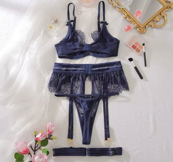 Women Sexy Blue Bling Lace Lingerie Set