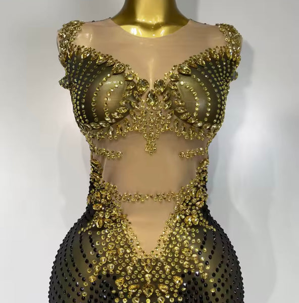 Women Sexy Sleeveless Bling Rhinestone Mesh Maxi Dress