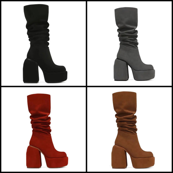 Women Fashion Suede Ruched Platform Square Heel Boots