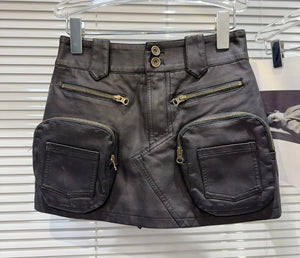 Women Faux Leather Fashion Zipper Cargo Short Skirt