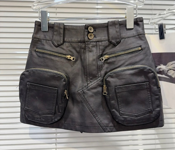 Women Faux Leather Fashion Zipper Cargo Short Skirt
