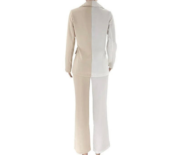 Women Fashion Color Patchwork Button Up Blazer Two Piece Pant Set