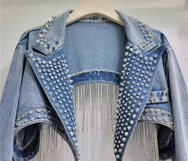 Women Rivet Rhinestone Tassel Fashion Denim Crop Jacket