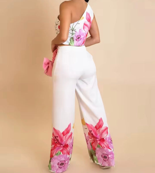 Women One Shoulder Sleeveless White Floral Print Two Piece Pant Set