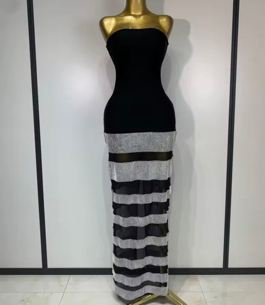 Women Sexy Strapless Black Bling Patchwork Maxi Dress